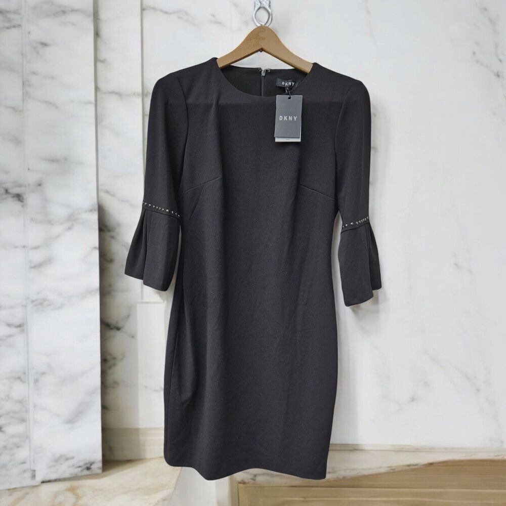 DKNY Black 3/4 Bell Sleeve Sheath Dress Size 8 NWT Metallic Accents
